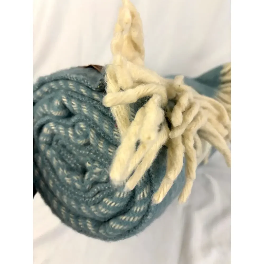 Vintage Italian Herringbone Throw Blanket Smoke Blue 53x60 Fringe Made‎ in Italy